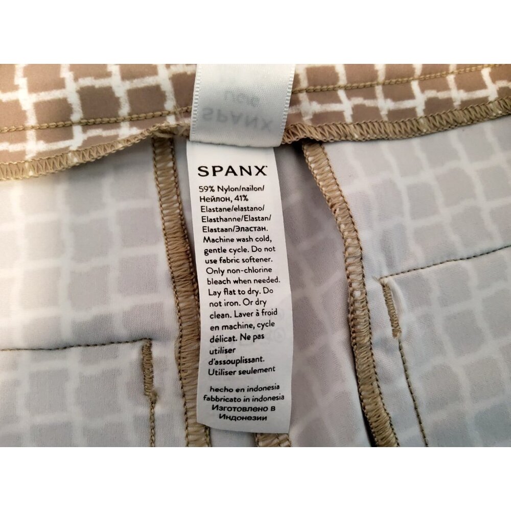 SPANX Tan Check 4" SUNSHINE Pull On 4Way Stretch Pocket SHORTS Womens LARGE NEW - Picture 7 of 8
